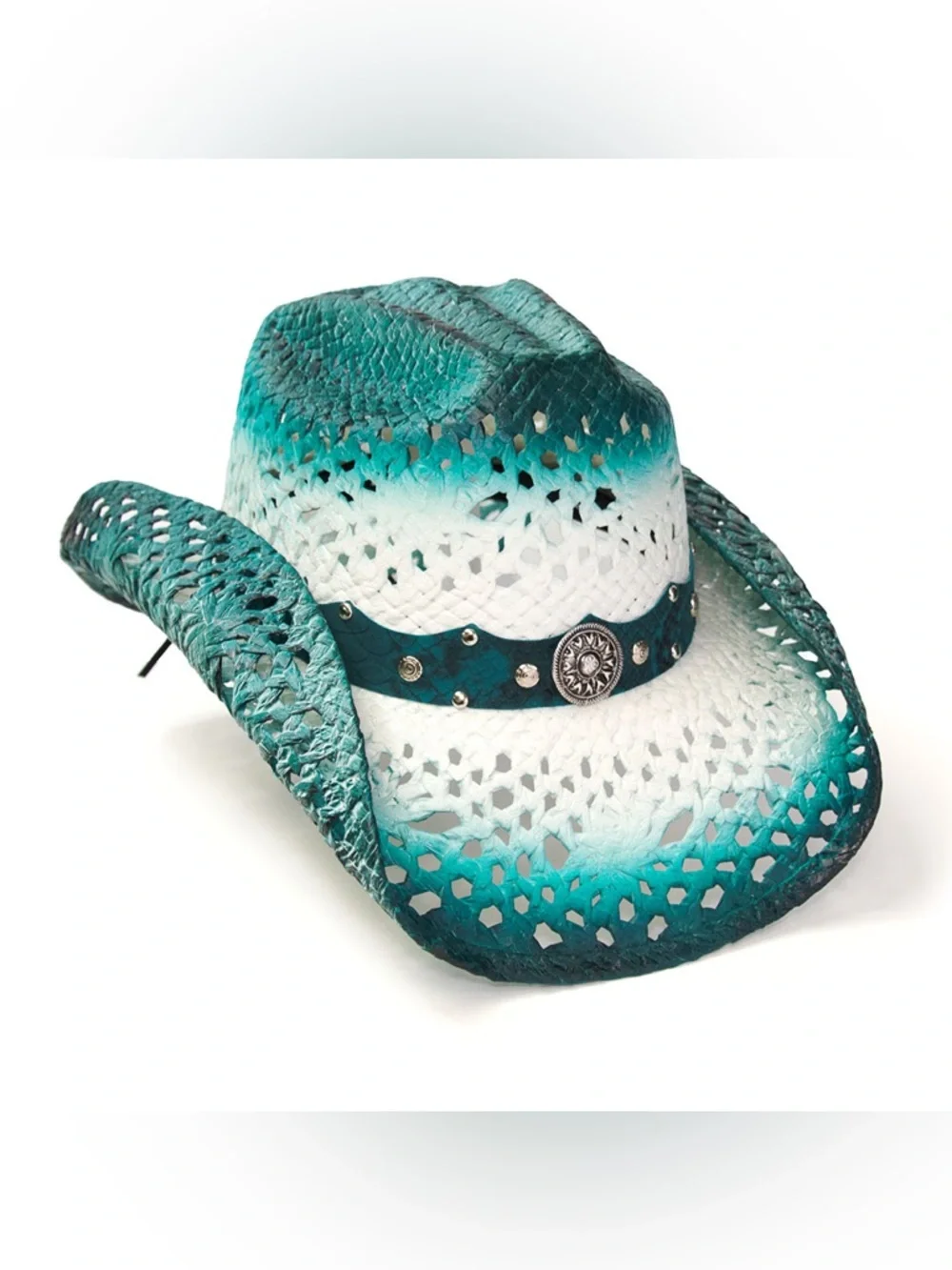 S/M Nu Shuz Key West Aqua Blue Green Ombre Concho Band Woven Straw Cowboy Hat